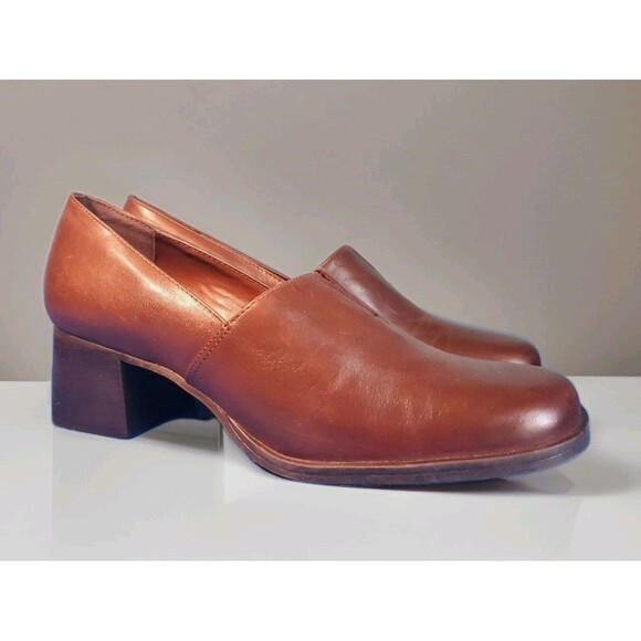 Womens Sz 7.5 Chucky Block  Heel Shoe Autumn Brown Leather Slip On Laura Scott - Picture 1 of 11
